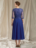 A-Line Mother of the Bride Dress Elegant Jewel Neck Tea Length Chiffon Lace Half Sleeve with Sequin Appliques