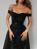 Mermaid / Trumpet Evening Gown Black Dress Formal Sweep / Brush Train Sleeveless Off Shoulder Tulle with Sequin