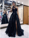 A-Line Prom Dresses Color Block Dress Formal Wedding Guest Sweep / Brush Train Sleeveless One Shoulder Tulle Backless with Pleats Appliques