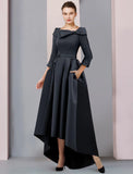 A-Line Mother of the Bride Dress Wedding Guest Elegant High Low Scoop Neck Asymmetrical Tea Length Satin 3/4 Length Sleeve with Bow(s) Pleats