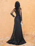 Mermaid Black Dress Plus Size Evening Gown Elegant Dress Formal Halloween Sweep / Brush Train Long Sleeve Jewel Neck Lace with Beading Embroidery