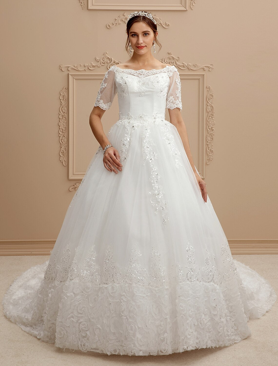 A-Line Bateau Neck Cathedral Train Lace / Tulle Made-To-Measure Wedding Dresses with Lace