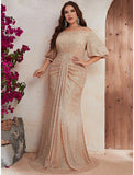 A-Line Wedding Guest Dresses Sparkle & Shine Dress Formal Sweep / Brush Train Half Sleeve Off Shoulder Polyester with Beading