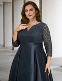 A-Line Mother of the Bride Dresses Plus Size Hide Belly Curve Elegant Dress Formal Asymmetrical 3/4 Length Sleeve V Neck Satin with Pleats Ruched