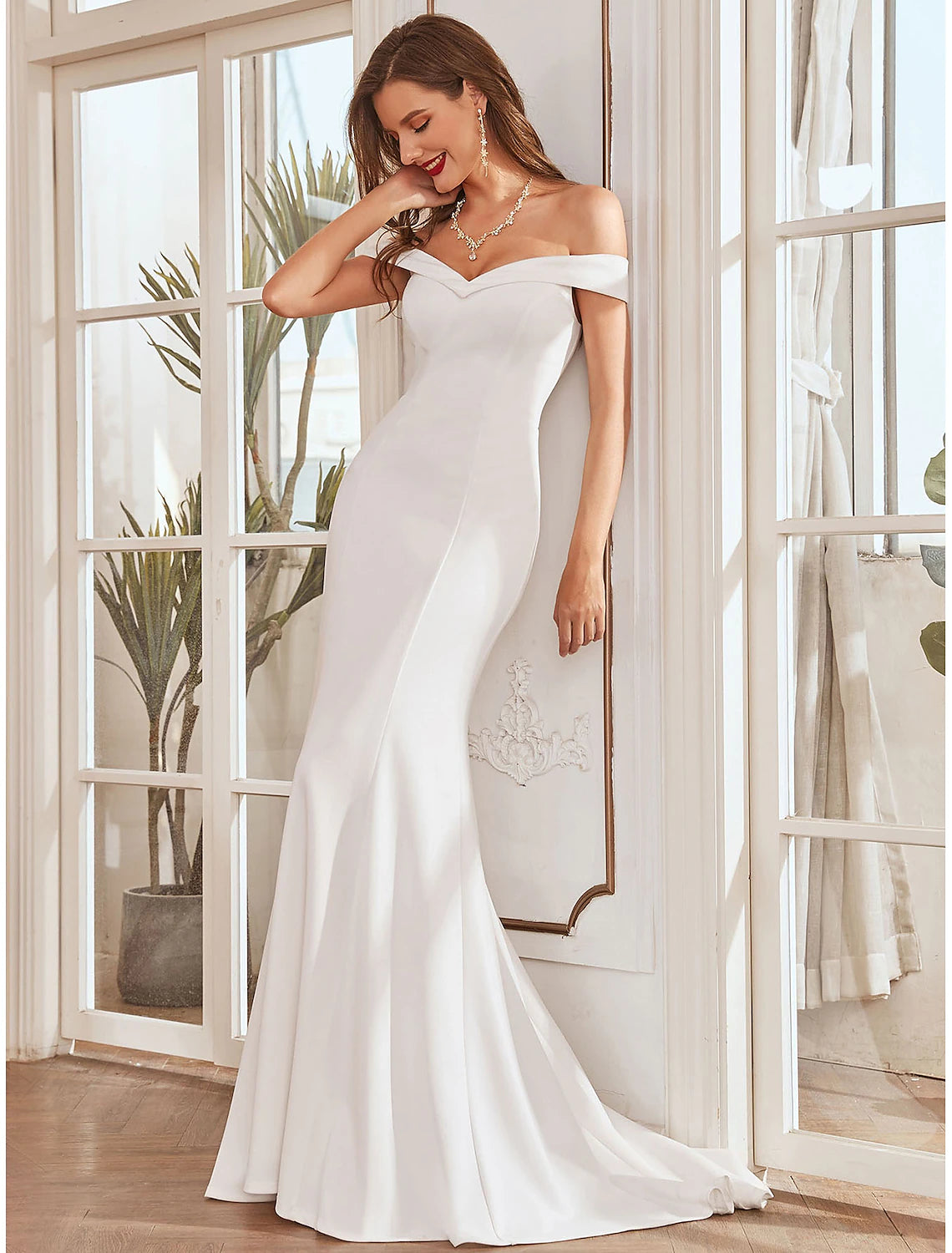 Reception Casual Wedding Dresses Mermaid / Trumpet Off Shoulder Cap Sleeve Sweep / Brush Train Stretch Fabric Bridal Gowns With Pleats Draping