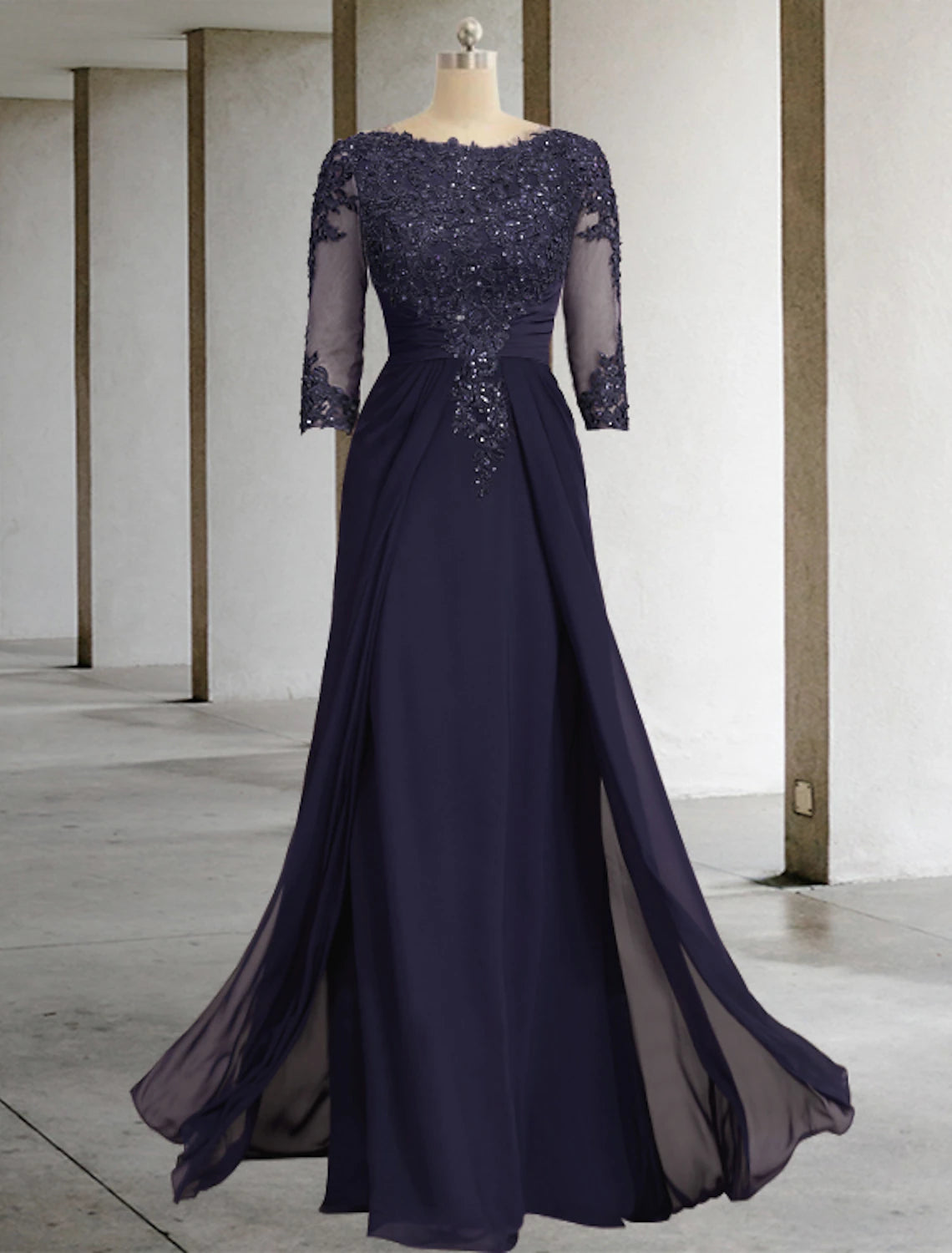Sheath / Column Mother of the Bride Dress Wedding Guest Party Sparkle & Shine V Neck Floor Length Satin Sequined Long Sleeve with Bow(s) Pleats main image 1