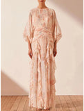 A-Line Wedding Guest Dresses Maxi Dress Holiday Floor Length Long Sleeve Jewel Neck Polyester with Floral Print Ruffles