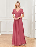 A-Line Evening Gown Empire Dress Party Wear Floor Length Short Sleeve V Neck Chiffon V Back with Slit