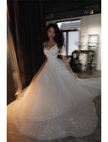 Hall Sparkle & Shine Casual Wedding Dresses A-Line Camisole V Neck Spaghetti Strap Sweep / Brush Train Sequined Bridal Gowns With Solid Color
