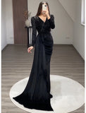 Mermaid / Trumpet Evening Gown Elegant Dress Formal Black Tie Gala Floor Length Long Sleeve V Neck Fall Wedding Guest Velvet with Ruched Pearls