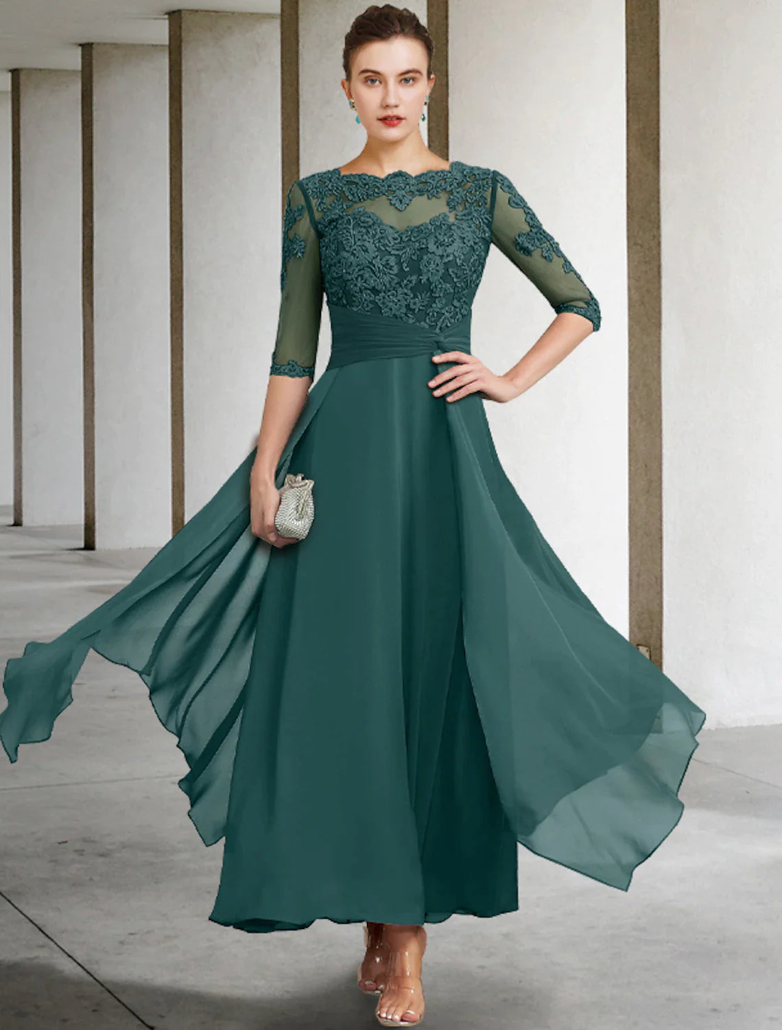 A-Line Mother of the Bride Dress Wedding Guest Elegant Sparkle & Shine High Neck Tea Length Satin Sequined Long Sleeve with Bow(s)