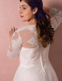 Hall Sparkle & Shine Wedding Dresses A-Line Illusion Neck Long Sleeve Court Train Satin Bridal Gowns With Buttons Ruched