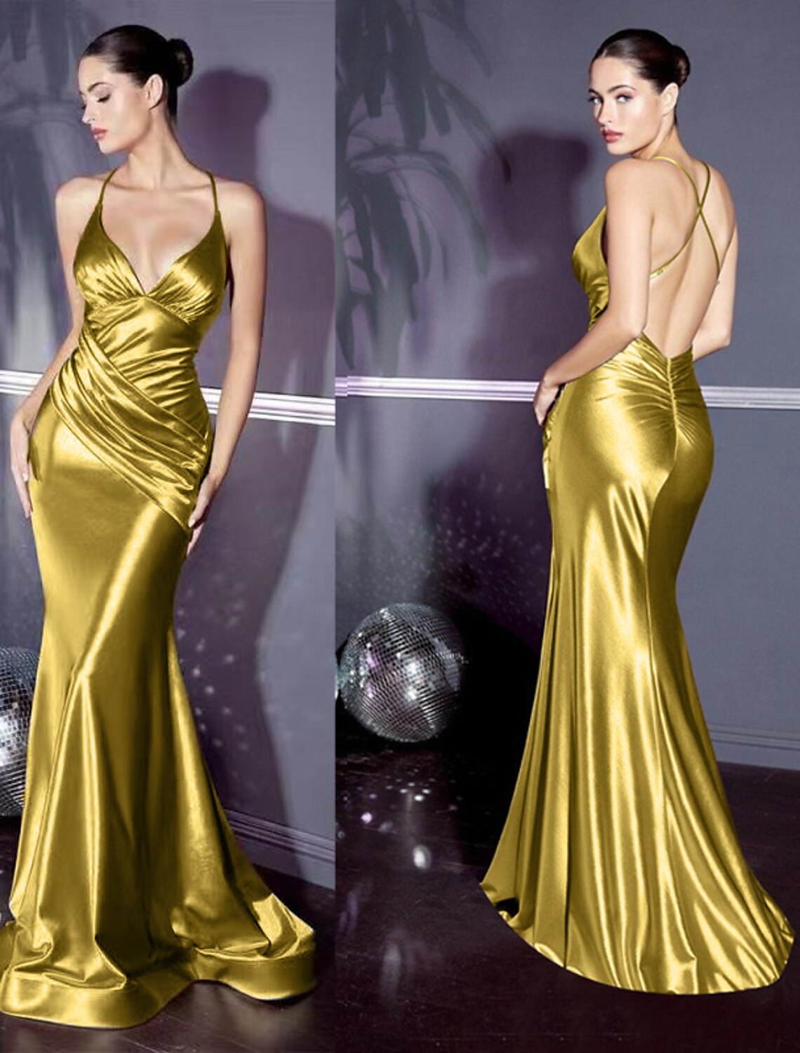Mermaid / Trumpet Evening Gown Elegant Dress Engagement Sweep / Brush Train Sleeveless V Neck Satin with Criss Cross Ruched