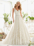 Engagement Open Back Sexy Formal Wedding Dresses Court Train A-Line Sleeveless V Neck Lace With