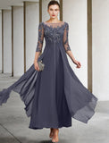 A-Line Mother of the Bride Dress Appliques Fall Wedding Guest Plus Size Elegant Scoop Neck Ankle Length Chiffon Lace Sequin 3/4 Length Sleeve with Ruched