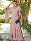 A-Line Mother of the Bride Dress Formal Wedding Guest Elegant V Neck Floor Length Chiffon Long Sleeve with Pleats