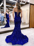 Mermaid / Trumpet Evening Gown Sparkle & Shine Dress Formal Court Train Sleeveless V Neck Sequined Backless with Sequin