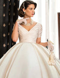 Engagement Formal Wedding Dresses Ball Gown V Neck Short Sleeve Court Train Satin Bridal Gowns With Ruched Solid Color