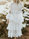 A-Line Wedding Guest Dresses Casual Dress Party Wear Ankle Length Long Sleeve Jewel Neck Lace with Ruffles Appliques