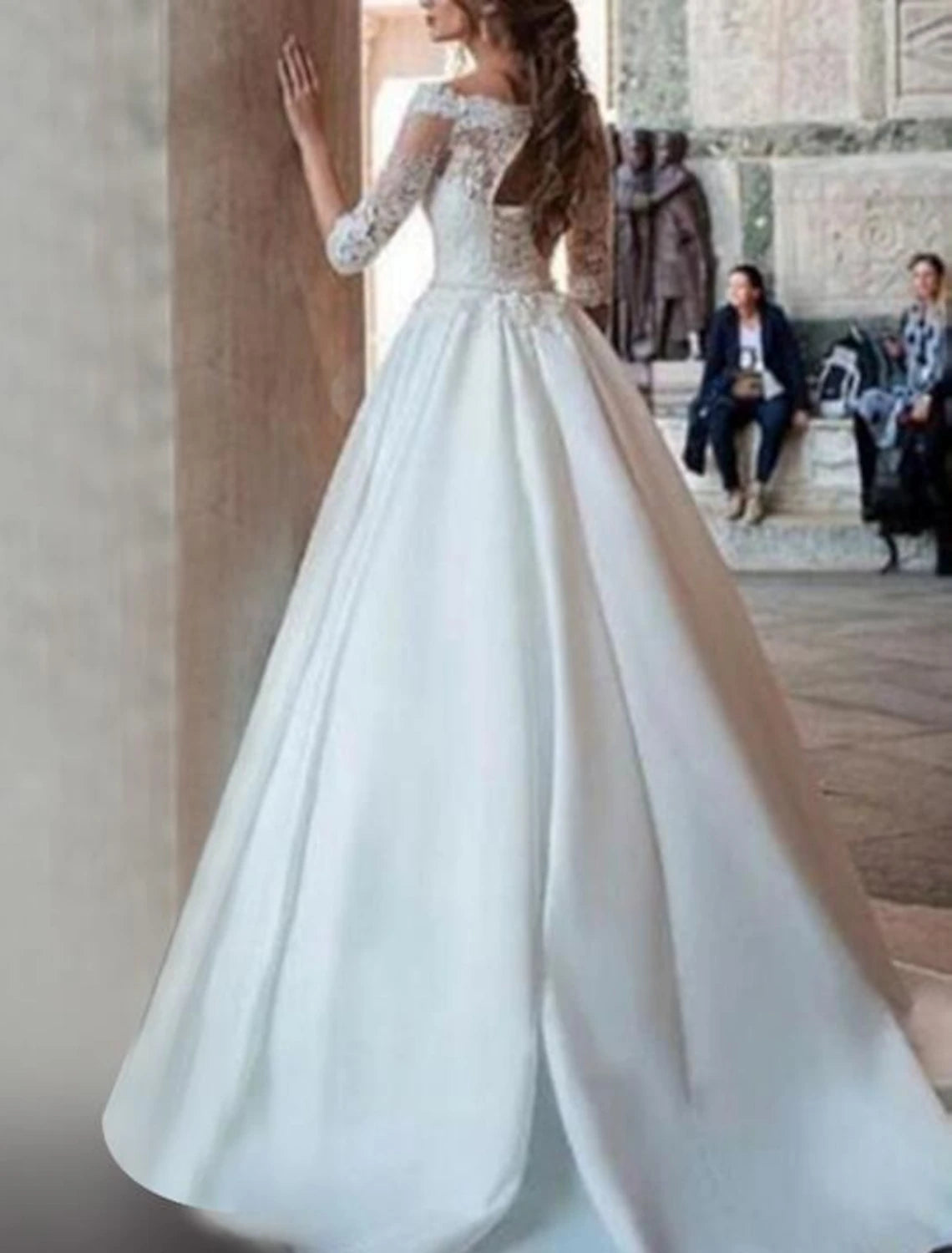 Engagement Formal Wedding Dresses Ball Gown Off Shoulder Half Sleeve Sweep / Brush Train Satin Bridal Gowns With Pleats Appliques
