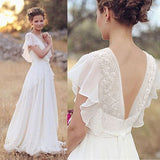 Beach Boho Wedding Dresses Floor Length A-Line Short Sleeve V Neck Chiffon With Beading Appliques