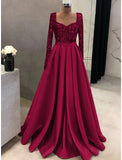 A-Line Evening Gown Elegant Dress Formal Fall Sweep / Brush Train Long Sleeve Square Neck Satin with Glitter Pleats
