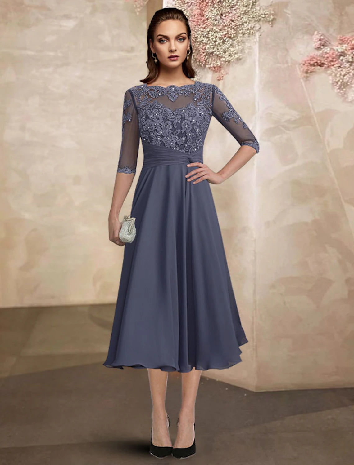 A-Line Mother of the Bride Dress Wedding Guest Plus Size Elegant Jewel Neck Tea Length Chiffon Lace Half Sleeve with Ruched Beading Appliques Fall