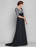 A-Line Mother of the Bride Dress Vintage Inspired V Neck Sweep / Brush Train Chiffon Lace Half Sleeve with Lace Ruched Flower