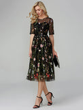 A-Line Party Dress Holiday Tea Length Half Sleeve Illusion Neck Organza with Embroidery Appliques