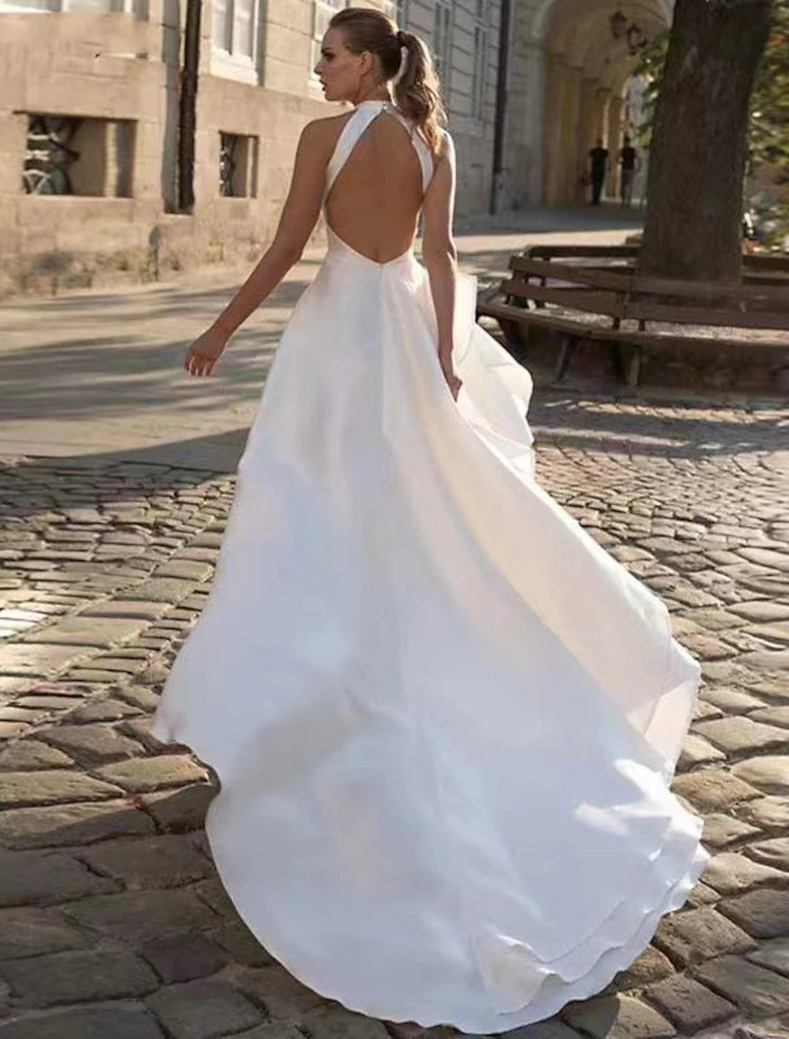 Reception Open Back Casual Wedding Dresses A-Line Halter Sleeveless Court Train Satin Bridal Gowns With Solid Color Summer Fall Wedding Party