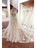 Engagement Open Back Formal Wedding Dresses Chapel Train A-Line Spaghetti Strap V Neck Lace With Appliques