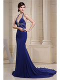 Mermaid / Trumpet Evening Gown Sparkle Dress Engagement Chapel Train Sleeveless Halter Chiffon with Beading