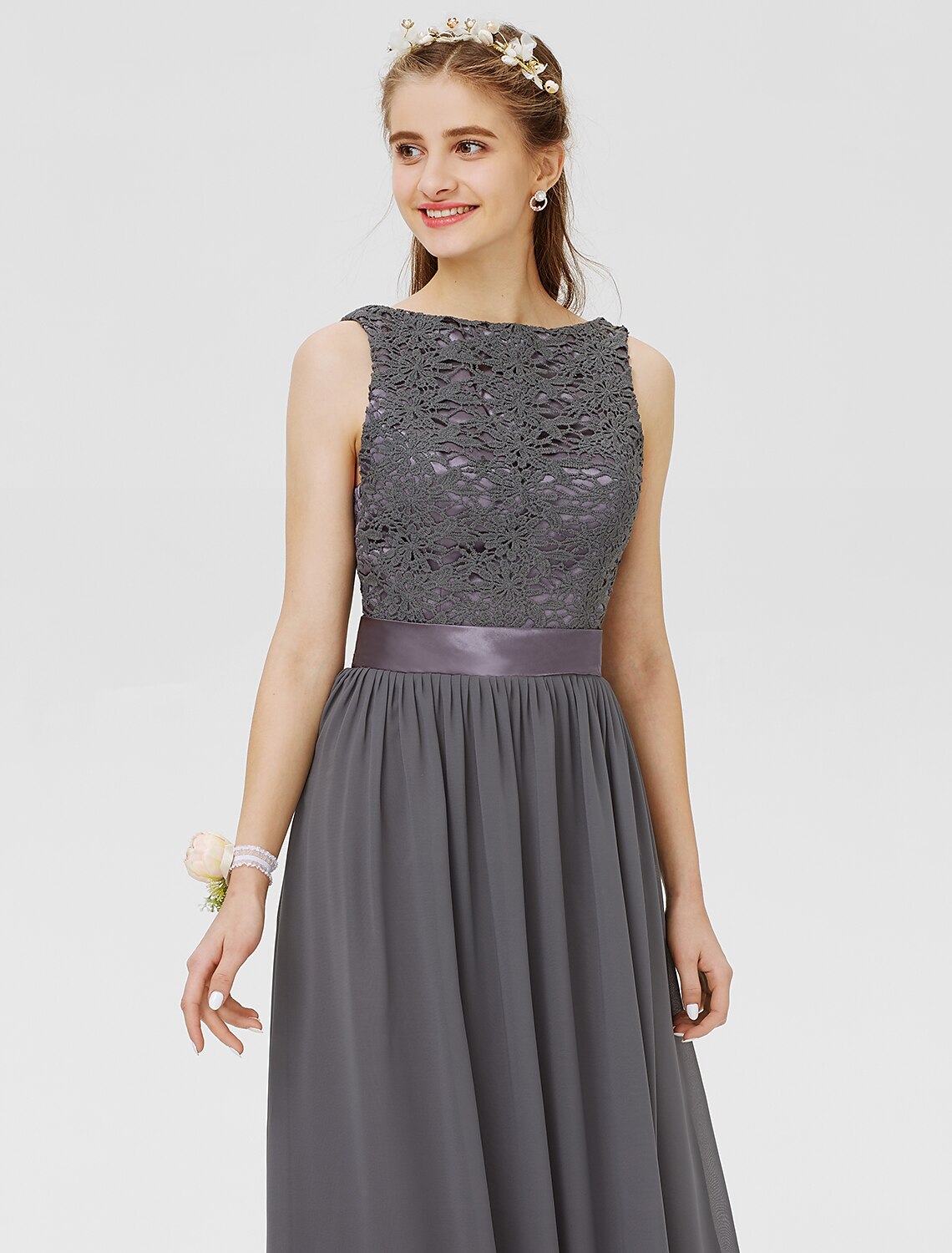 Numbersea Sheath Column Jewel Neck Floor Length Chiffon Bridesmaid Dress with Pleats main image 0