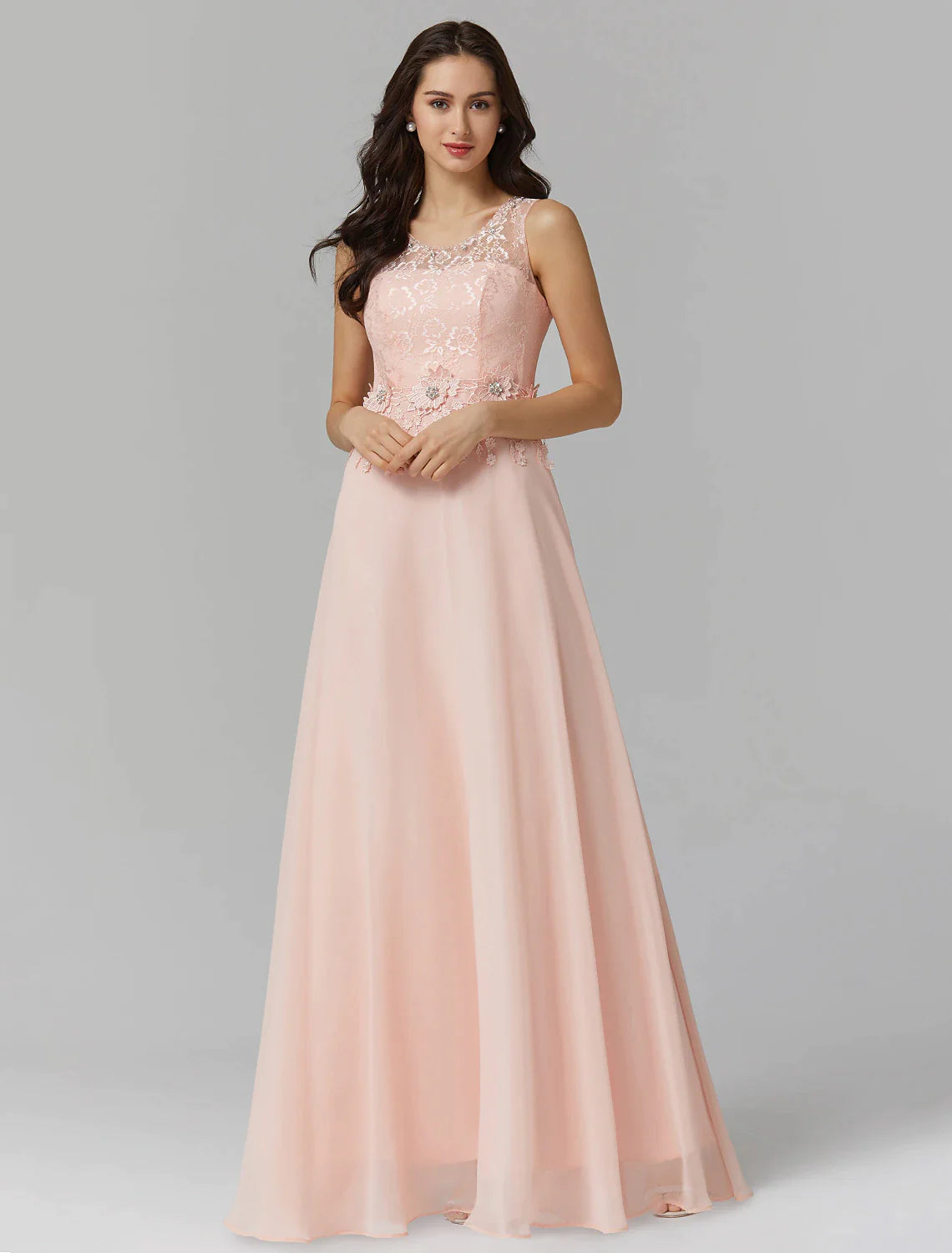 A-Line Empire Dress Valentine's Day Wedding Guest Floor Length Sleeveless Illusion Neck Bridesmaid Dress Chiffon with Beading Appliques