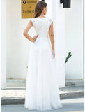 Beach Wedding Dresses Floor Length A-Line Cap Sleeve V Neck Lace With Lace