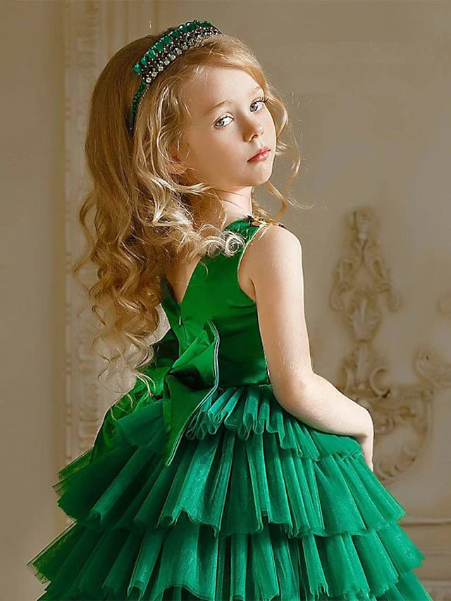 Princess Floor Length Flower Girl Dress Christmas Cute Prom Dress Tulle with Bow(s) Tiered Fit 3-16 Years