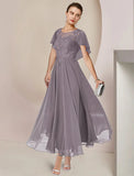 A-Line Mother of the Bride Dress Elegant Scoop Neck Tea Length Chiffon Lace Sleeveless with Beading Appliques