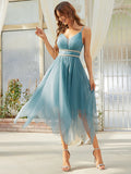 A-Line Flirty Cute Cocktail Party Dress V Neck Sleeveless Asymmetrical Tulle with Pearls Tier
