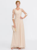 A-Line Mother of the Bride Dress Plus Size Elegant See Through V Neck Floor Length Chiffon Half Sleeve with Appliques Side Draping