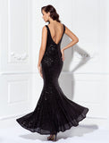 Sheath / Column Elegant Dress Wedding Guest Floor Length Sleeveless V Neck Sequined V Back with Sequin