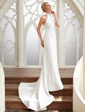 Bridal Shower Casual Open Back Wedding Dresses Court Train Sheath / Column Regular Straps Halter Satin With Pleats