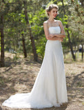 Wedding Dresses A-Line Strapless Sleeveless Court Train Satin Bridal Gowns With Lace