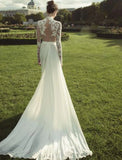 Beach Wedding Dresses Court Train A-Line Long Sleeve High Neck Chiffon With