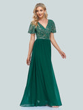 A-Line Mermaid / Trumpet Evening Gown Elegant Dress Christmas Floor Length Short Sleeve V Neck Sequined with Sequin