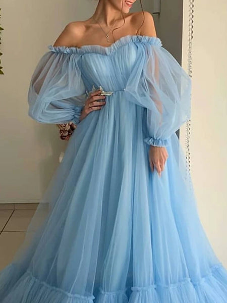 A-Line Minimalist Elegant Engagement Prom Dress Off Shoulder Long Slee ...