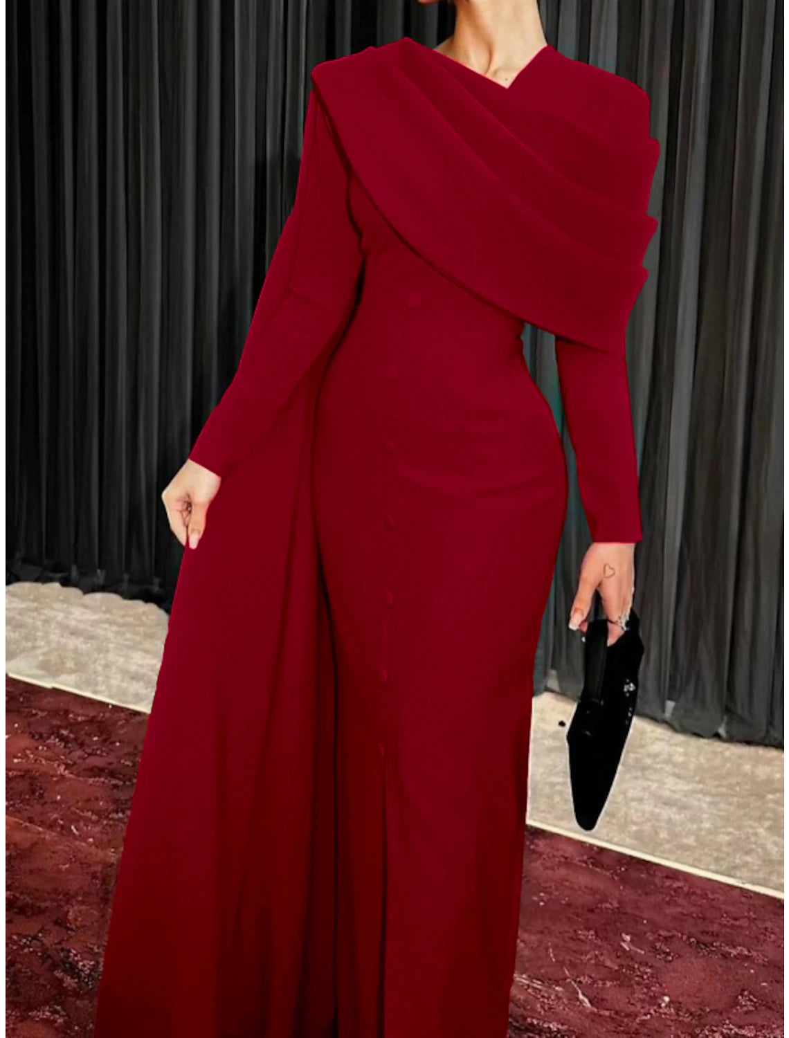 Sheath Red Black Red Green Dress Evening Gown Elegant Cape Dress Formal Fall Sweep / Brush Train Long Sleeve Cowl Neck Stretch Fabric with Buttons Slit