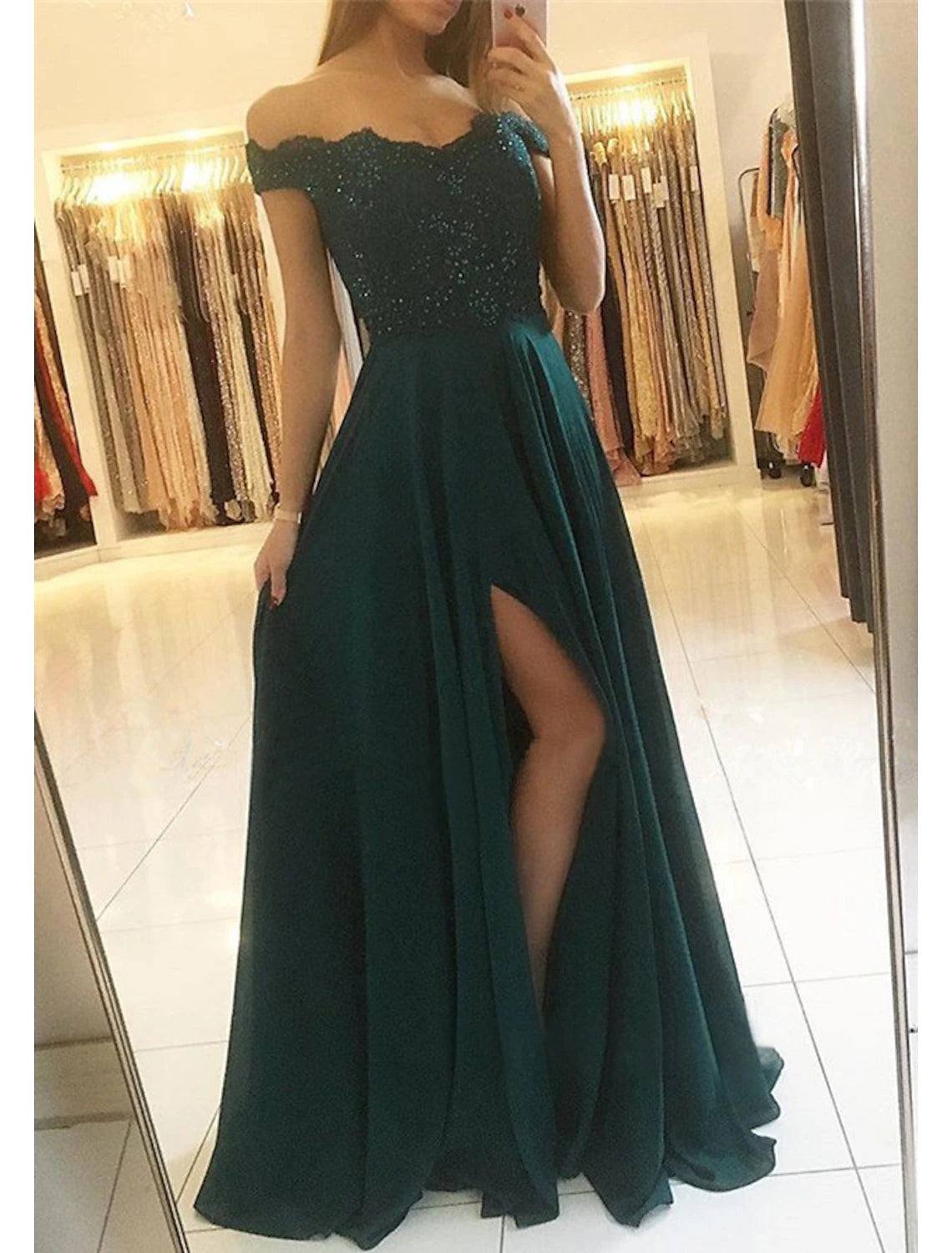 A-Line Prom Dresses Glittering Dress Formal Floor Length Sleeveless Off Shoulder Chiffon Backless with Pleats Slit