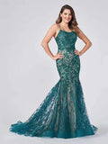 Mermaid / Trumpet Evening Gown Color Block Dress Formal Court Train Sleeveless Spaghetti Strap Lace Backless with Appliques