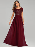 A-Line Bridesmaid Dress Jewel Neck Short Sleeve Elegant Floor Length Chiffon with Sash / Ribbon / Sequin