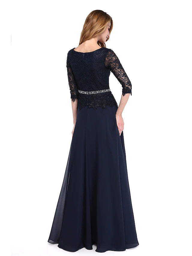 A-Line Mother of the Bride Dress Elegant Jewel Neck Floor Length Chiffon Lace Bodice 3/4 Length Sleeve with Sash / Ribbon Beading